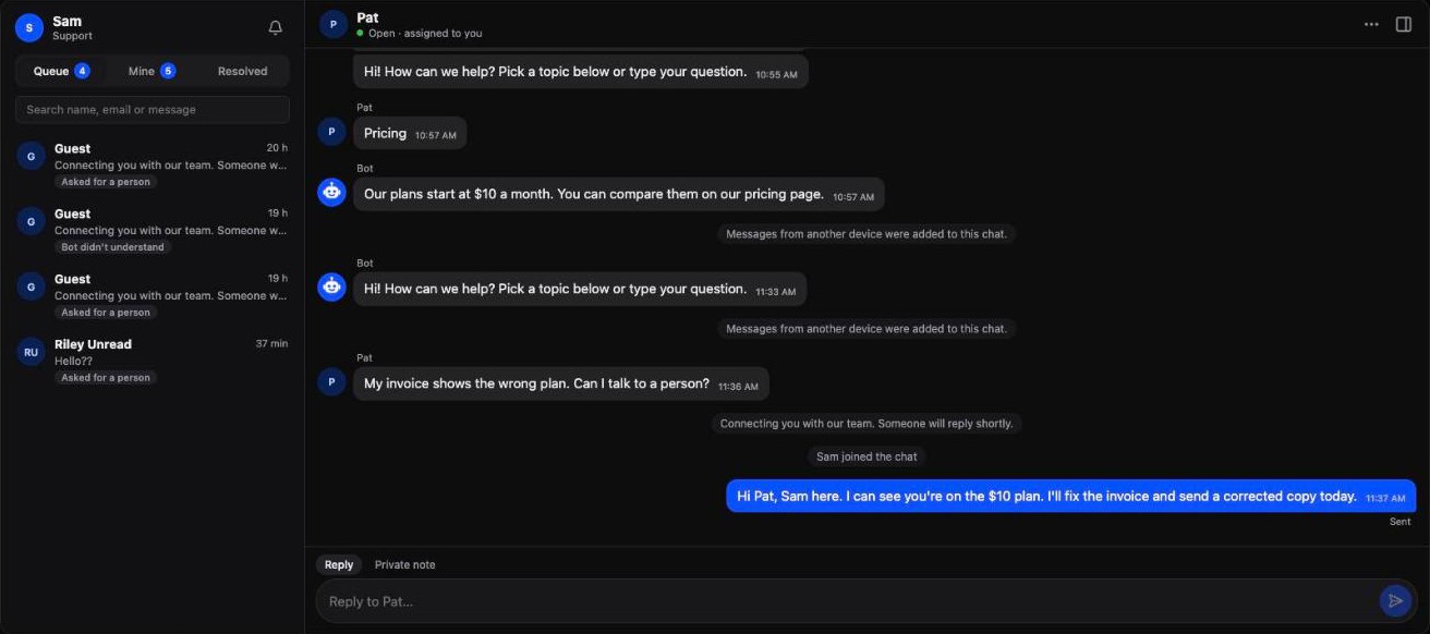 The same agent console in dark mode, matching the dashboard around it.