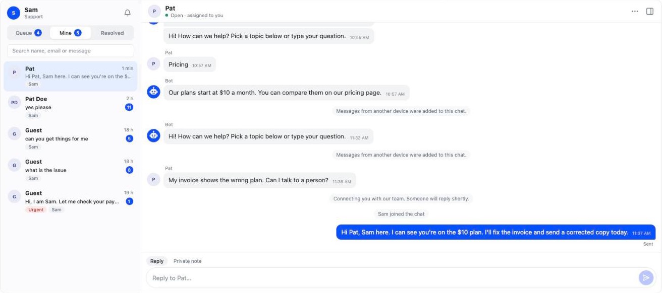 The Quokra agent console: Sam's assigned chats on the left, including one marked urgent, and the conversation with Pat on the right, where Sam joined and replied.