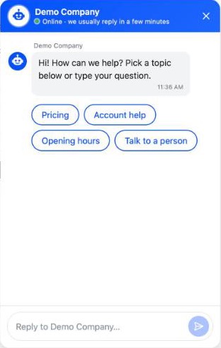 The Quokra chat greeting a guest with topic buttons: Pricing, Account help, Opening hours, Talk to a person.