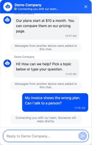 The customer asks to talk to a person and the chat says it is connecting them with the team.